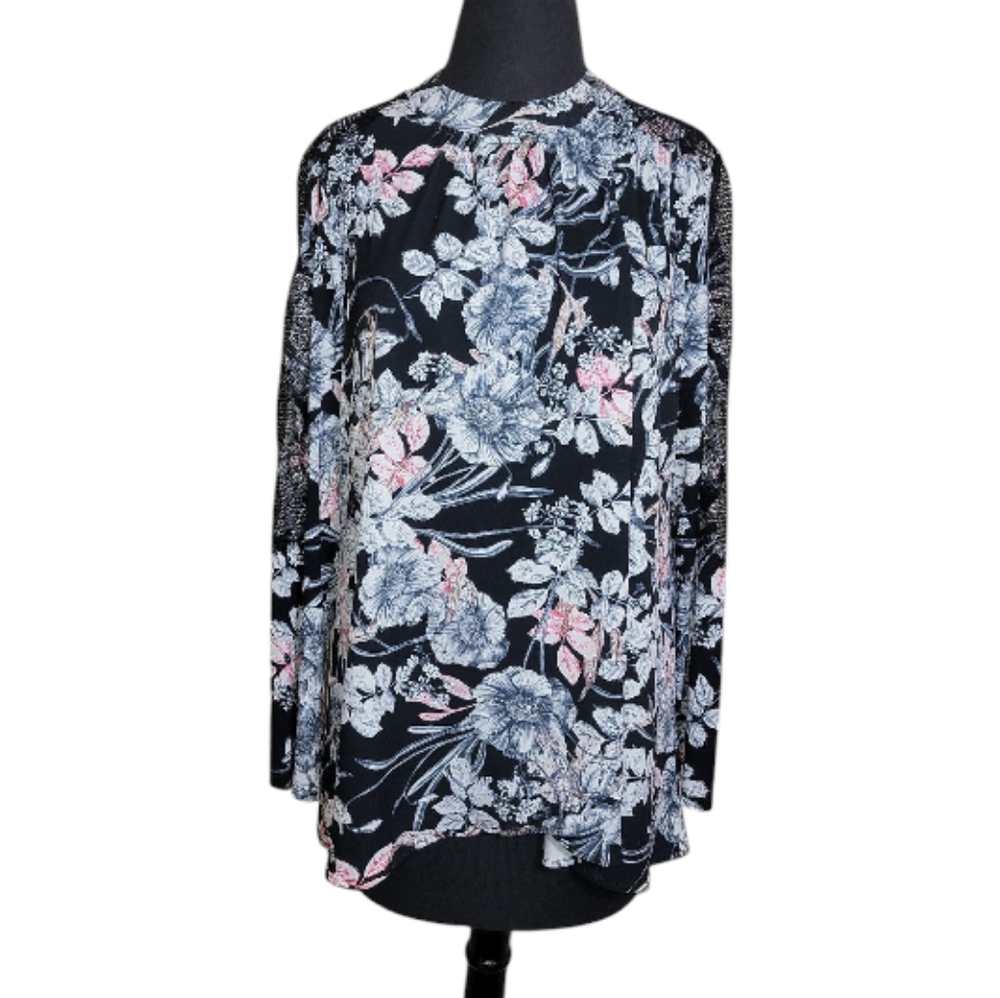 Catherine Malandrino floral high low pleated lace insert sleeve top women's M